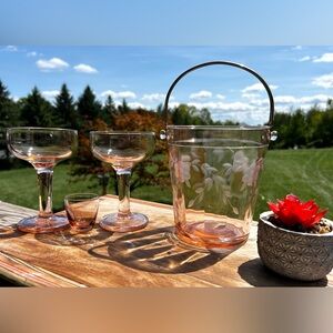 Vintage Set up PINK DEPRESSION GLASS ICE BUCKET 2 coupe glasses/shot glass